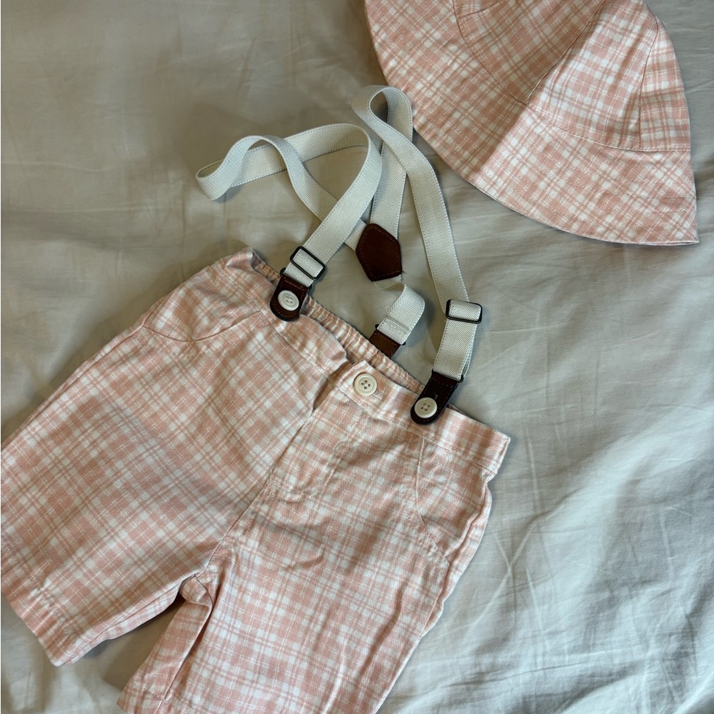 Kids Pink Plaid Suspender Shorts and Hat Set